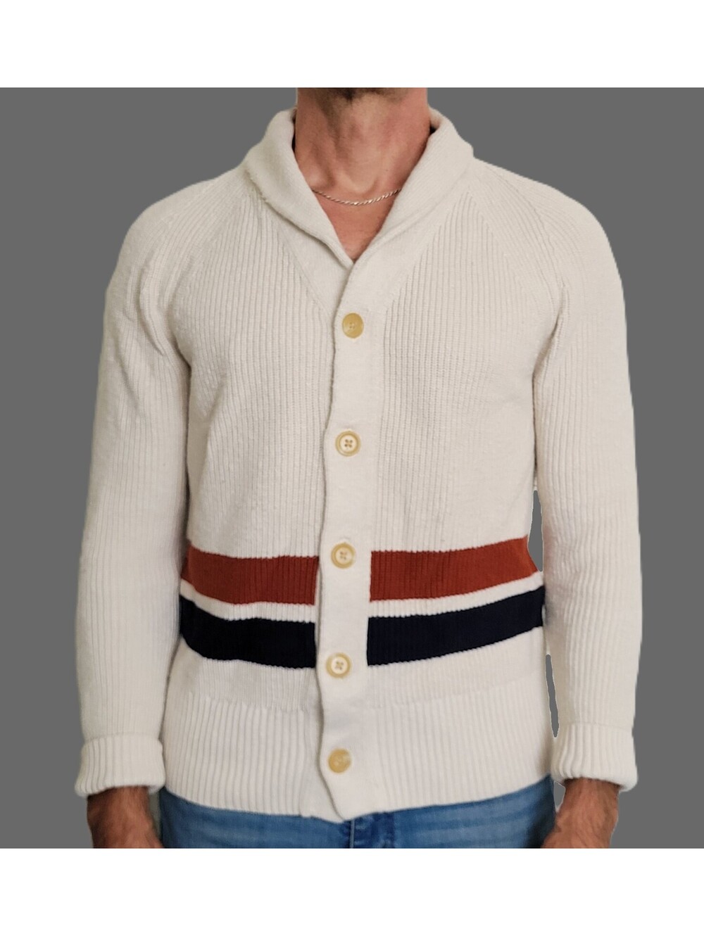 Banana Republic Men's Medium Ivory Shawl Collar Striped Cardigan Sweater